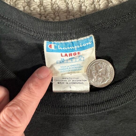 Vintage Champion Men's‎ Life Heritage Flock 90s Logo T-Shirt Black Large Spell - Picture 3 of 5